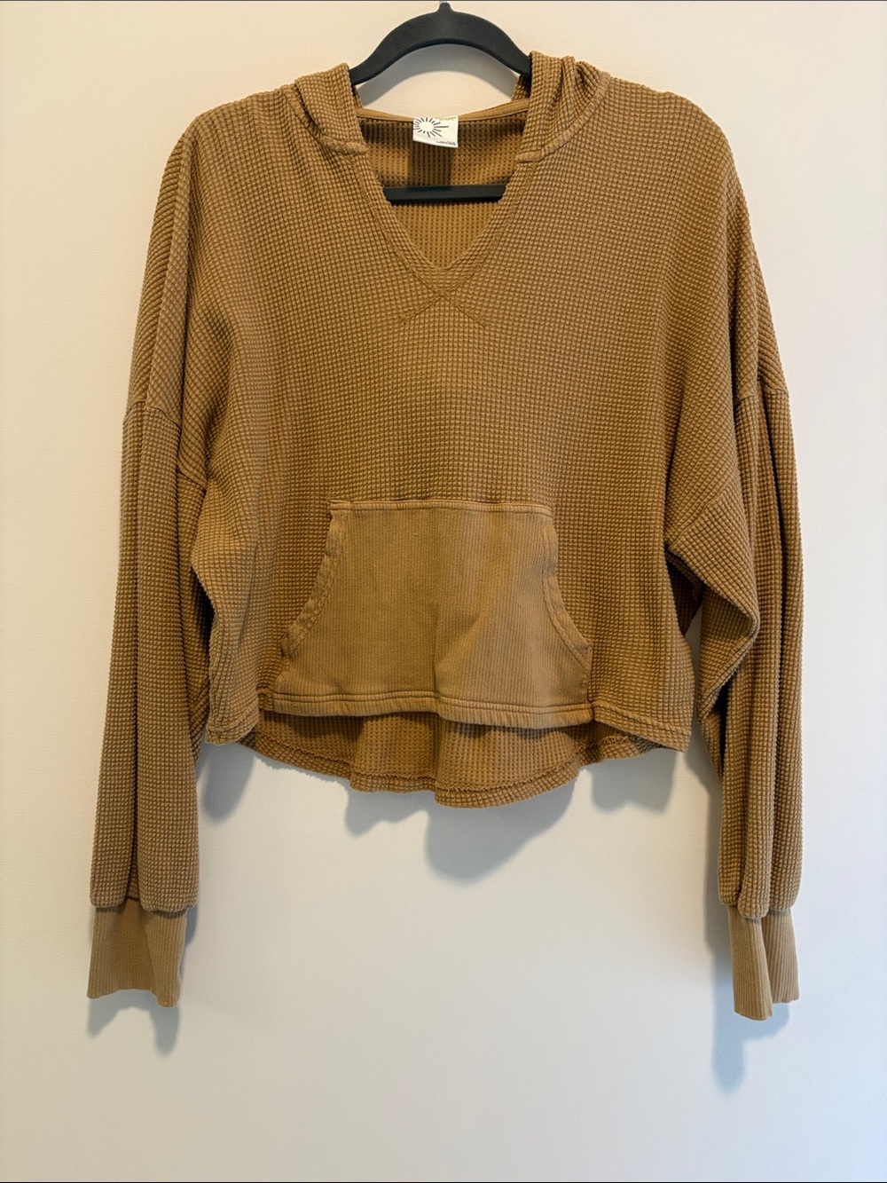 Waffle-Knit Hooded Pullover Top in Camel